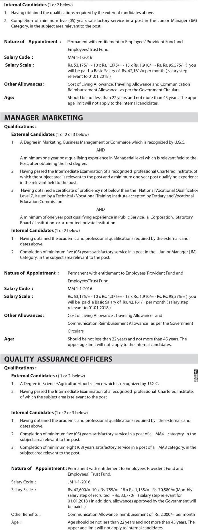 Deputy General Manager, Senior Accountant, Internal Auditor, Manager Marketing, Quality Assurance Officer, Assistant Manager (Marketing, Engineering, Internal Audit) - Lanka Sathosa Ltd